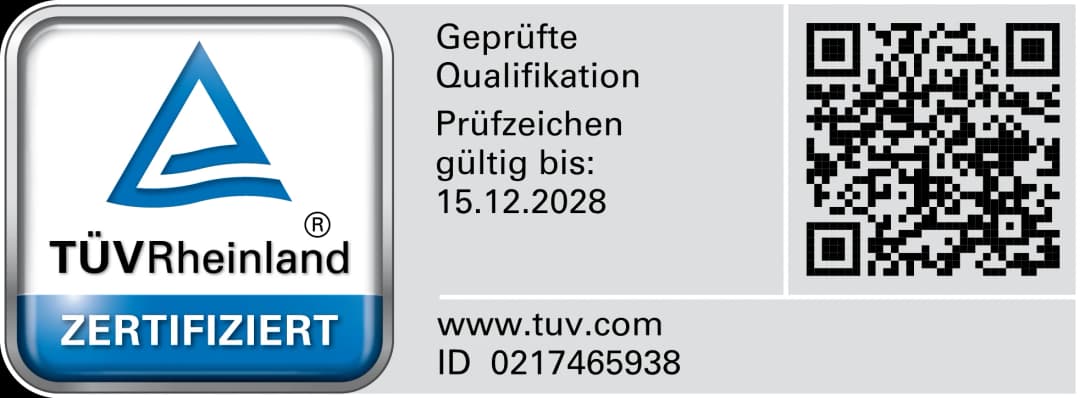 TÜV Rheinland Zertifikat – Geprüfte Qualifikation, gültig bis 15.12.2028